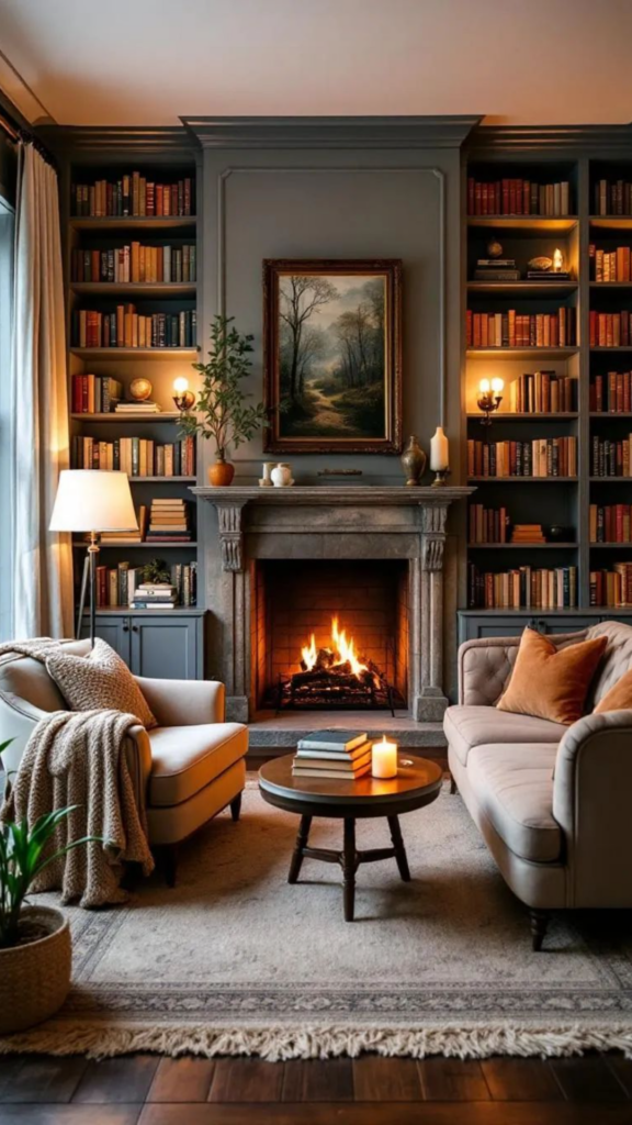 Library with a Fireplace