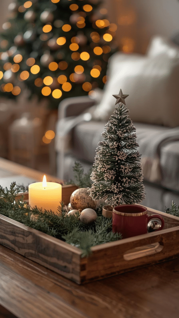 Use a Rustic Wooden Tray for a Festive Coffee Table Display