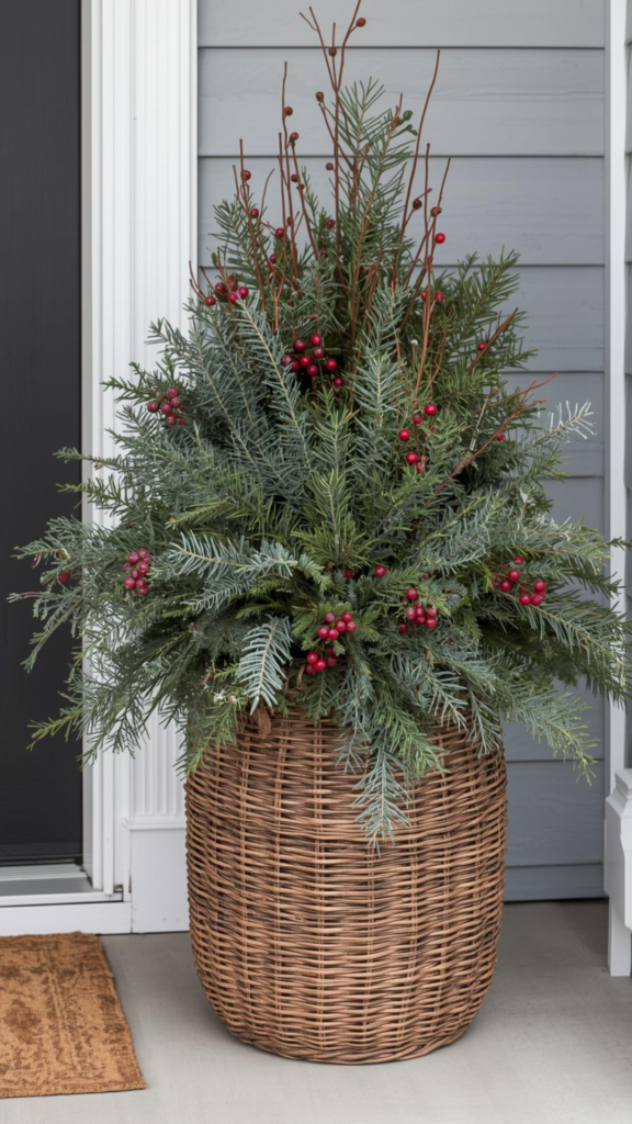 Festive Porch Basket Filled With Greenery