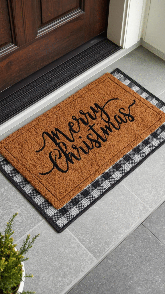 Holiday Doormat Layered With a Checkered Rug